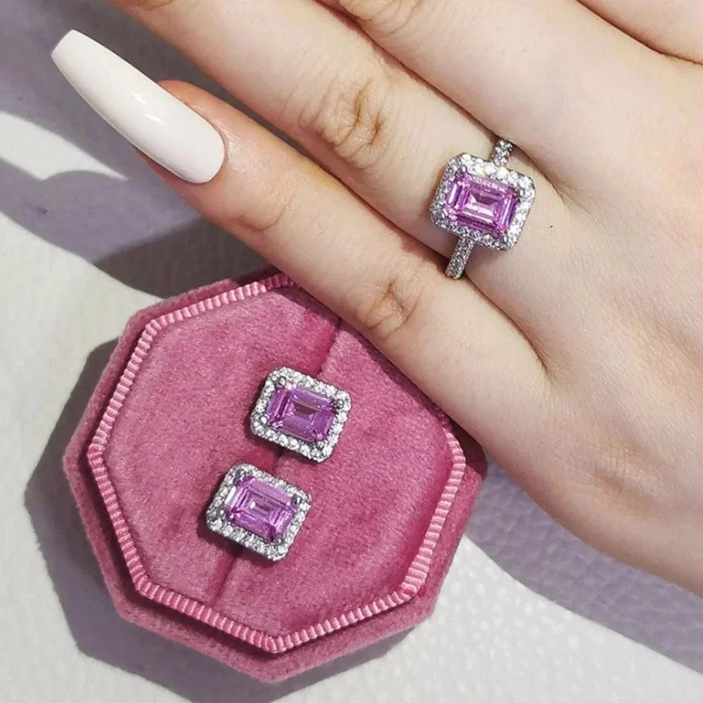 Sterling Silver Princess Cut Pink Sapphire Diamond Earring & Ring Jewelry Set